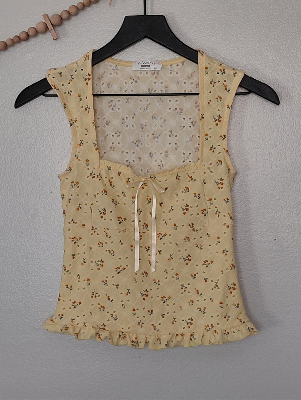 Y2K Electric Behavior Yellow Floral Eyelet Cottagecore Tank Top Size XS